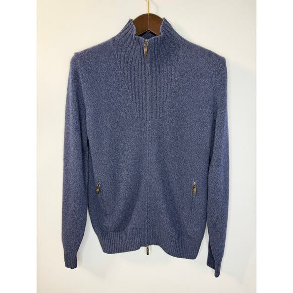 Corneliani Men's Wool Cashmere Ribbed High Neck Full Zip Sweater Blue Sz 48 /M - Picture 1 of 12